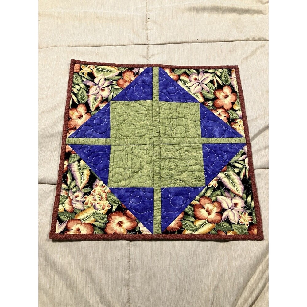 Hand Made Patchwork Quilt Table Topper, Floral, Green, Blue, Burgundy 15x15